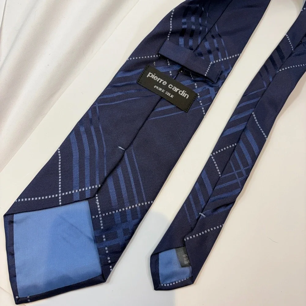 Pierre Cardin Mens Navy Blue Plaid‎ Silk Necktie Geometric Dotted Line Vintage